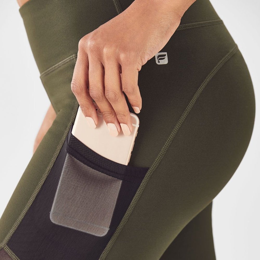 FABLETICS SALAR MESH POWERHOLD PHONE POCKET OLIVE GREEN CAPRI LEGGING GUC M